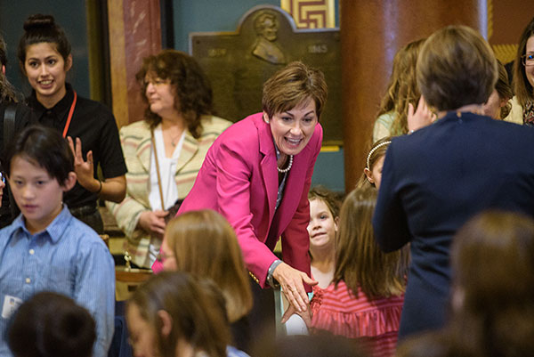 Governor Kim Reynolds greets attendees at Homeschool Iowa Capitol Day