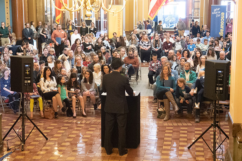 Homeschool Iowa Capitol Day Attendees Listen to Speaker at the Iowa State Capitol